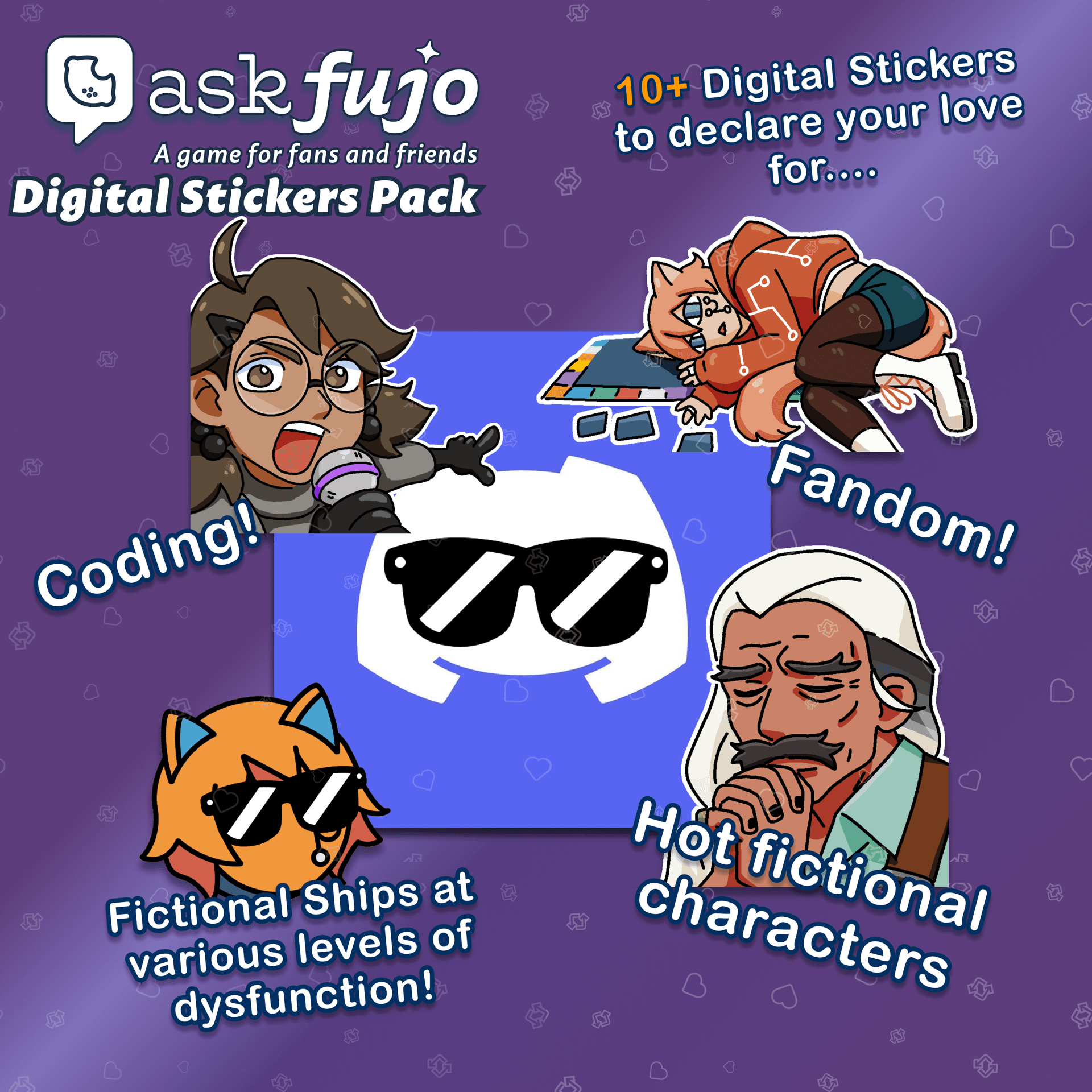 AskFujo Digital Stickers Pack: 10+ digital stickers to declare your love for coding, fandom, fictional ships at various levels of dysfunction, and hot fictional characters.