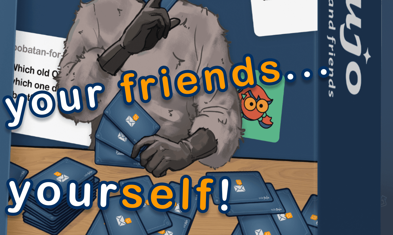 Boba-tan playing AskFujo at a table with cards spread out