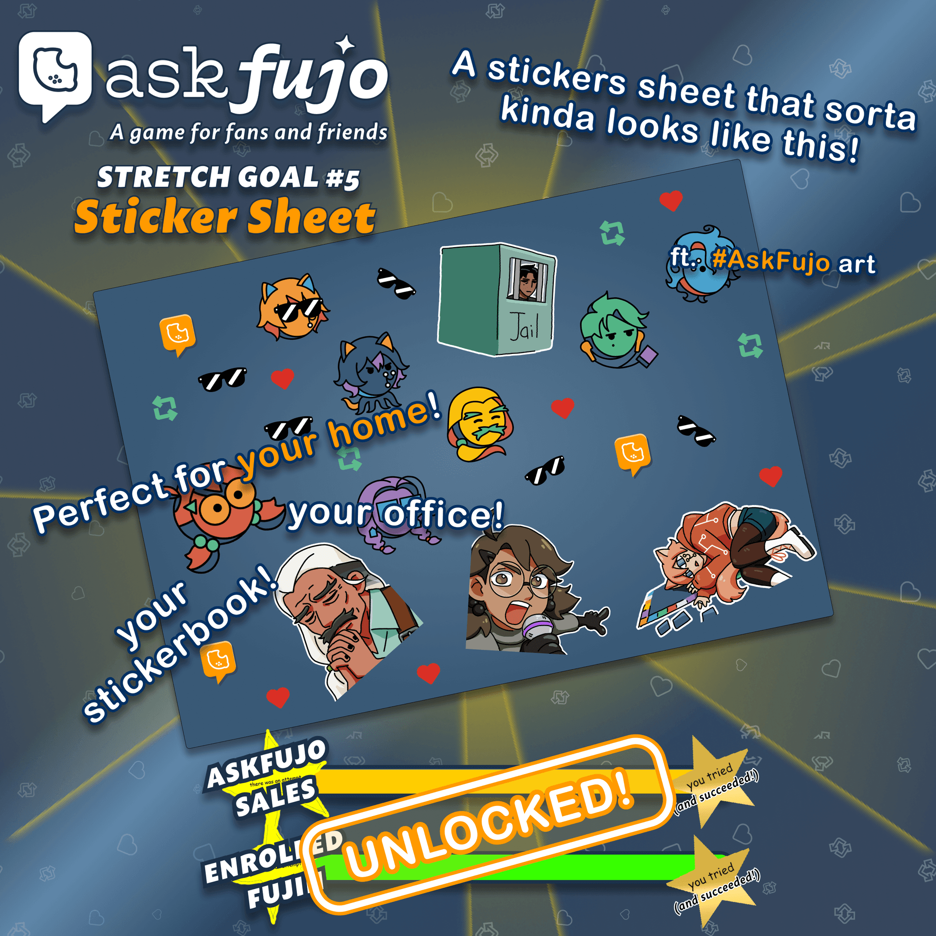 AskFujo Stretch Goal #5 Sticker Sheet: A stickers sheet featuring AskFujo character stickers. Perfect for your home, your office, your stickerbook! AskFujo Sales Enrolled Fujin - UNLOCKED!