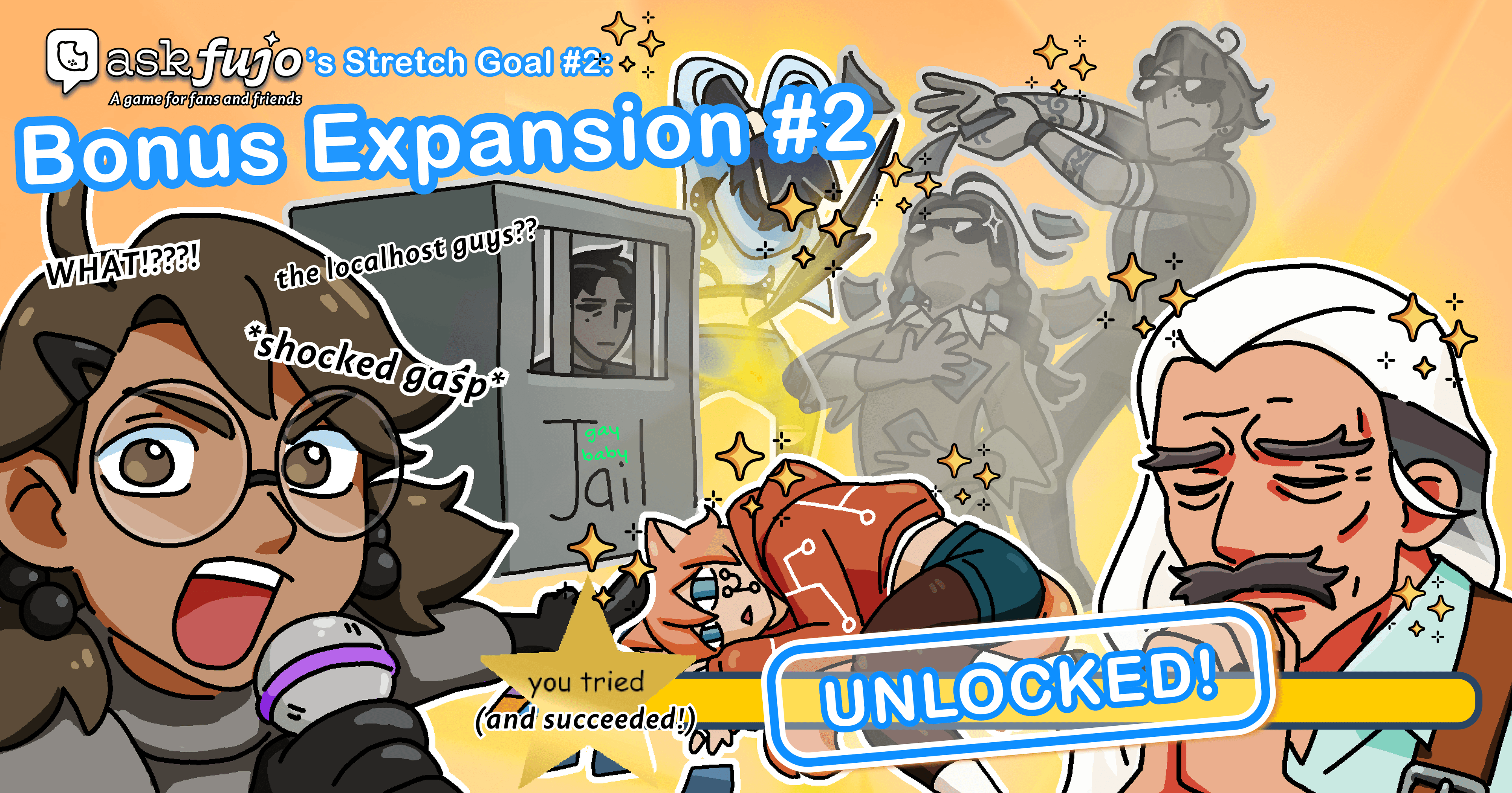 AskFujo's Stretch Goal #2: Bonus Expansion #2 unlocked! Boba-tan and Terminal react in shock as Localhost characters are revealed in silhouette, with a 'you tried (and succeeded!)' gold star badge.