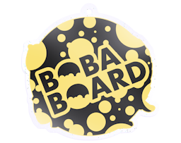 The BobaBoard logo on the reverse side, with blocky smallcaps text and a bubble theme