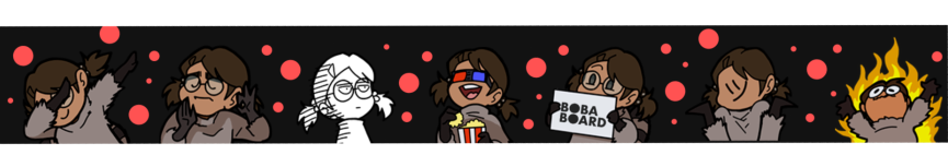 Washi tape in black with red bubbles, featuring the following Boba-tan emoji: dabbing, Pacha Edits (when the sun hits that ridge just right), OK like Saitama/One-Punch Man, eating popcorn while wearing 3-D glasses, holding up a BobaBoard sign, shrugging lol idk, and Elmo Rise/Hellmo/Elmo Fire. 