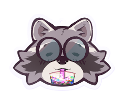 Boba-tan in raccoon form, eyes closed as she enjoys sipping her sparkly drink.