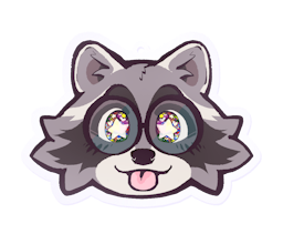 Boba-tan's face in raccoon form, eyes alight and sparkling while she sticks her tongue out in a playful blep.