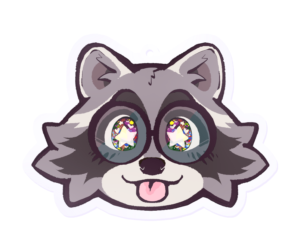 Boba-tan's face in raccoon form, eyes alight and sparkling while she sticks her tongue out in a playful blep.