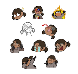 A variety of Boba-tan emoji turned into stickers, including: eating popcorn while wearing 3-D glasses, laughing, Pacha Edits (when the sun hits that ridge just right), nosebleed, dabbing, shrugging lol idk, Elmo Rise/Hellmo/Elmo Fire, crying with a cute mouth like the TwT emoticon, OK like Saitama/One-Punch Man, and anime glasses glare.