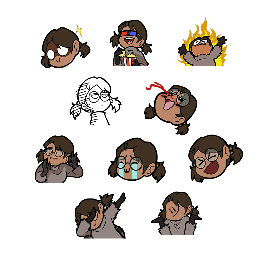 A variety of Boba-tan emoji turned into stickers, including: eating popcorn while wearing 3-D glasses, laughing, Pacha Edits (when the sun hits that ridge just right), nosebleed, dabbing, shrugging lol idk, Elmo Rise/Hellmo/Elmo Fire, crying with a cute mouth like the TwT emoticon, OK like Saitama/One-Punch Man, and anime glasses glare.