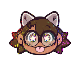 Boba-tan's face, eyes alight and sparkling while she sticks her tongue out in a playful blep. The sticker has rainbow glitter effects.