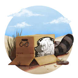 A cardboard box on a beach with a beautiful blue sky with fluffy clouds. Boba-tan's glasses are hanging over the edge of the box's open handle, and her raccoon tail peeks out from beneath the box flap. The box is labeled tapioca, 20 kilograms, with the Wi-Fi symbol. On the side of the box is black and white fanart of Jasper and Lapis Lazuli from Steven Universe, in a tender embrace, with flower petals falling behind them.