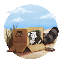 A cardboard box on a beach with a beautiful blue sky with fluffy clouds. Boba-tan's glasses are hanging over the edge of the box's open handle, and her raccoon tail peeks out from beneath the box flap. The box is labeled tapioca, 20 kilograms, with the Wi-Fi symbol. On the side of the box is black and white fanart of Rey and Kylo Ren from Star Wars. Rey is swooning as Kylo Ren leans in to kiss her, with sparkles behind them.