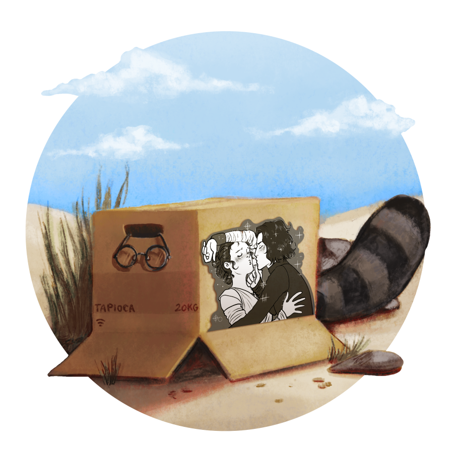 A cardboard box on a beach with a beautiful blue sky with fluffy clouds. Boba-tan's glasses are hanging over the edge of the box's open handle, and her raccoon tail peeks out from beneath the box flap. The box is labeled tapioca, 20 kilograms, with the Wi-Fi symbol. On the side of the box is black and white fanart of Rey and Kylo Ren from Star Wars. Rey is swooning as Kylo Ren leans in to kiss her, with sparkles behind them.