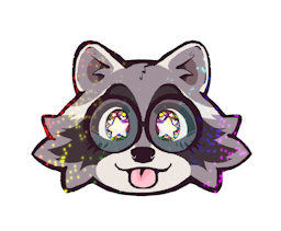 Boba-tan's face in raccoon form, eyes alight and sparkling while she sticks her tongue out in a playful blep. The sticker has rainbow glitter effects.