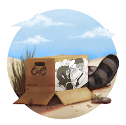 A cardboard box on a beach with a beautiful blue sky with fluffy clouds. Boba-tan's glasses are hanging over the edge of the box's open handle, and her raccoon tail peeks out from beneath the box flap. The box is labeled tapioca, 20 kilograms, with the Wi-Fi symbol. On the side of the box is black and white fanart of Shiro and Keith from Voltron, about to kiss each other, with flowers behind them.