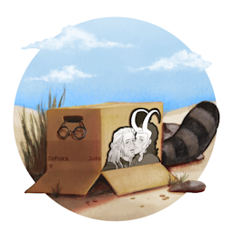 A cardboard box on a beach with a beautiful blue sky with fluffy clouds. Boba-tan's glasses are hanging over the edge of the box's open handle, and her raccoon tail peeks out from beneath the box flap. The box is labeled tapioca, 20 kilograms, with the Wi-Fi symbol. On the side of the box is black and white fanart of Thor and Loki as depicted in the Marvel Cinematic Universe, with their faces close together. Their cheeks are flushed and they seem to have been recently kissing.