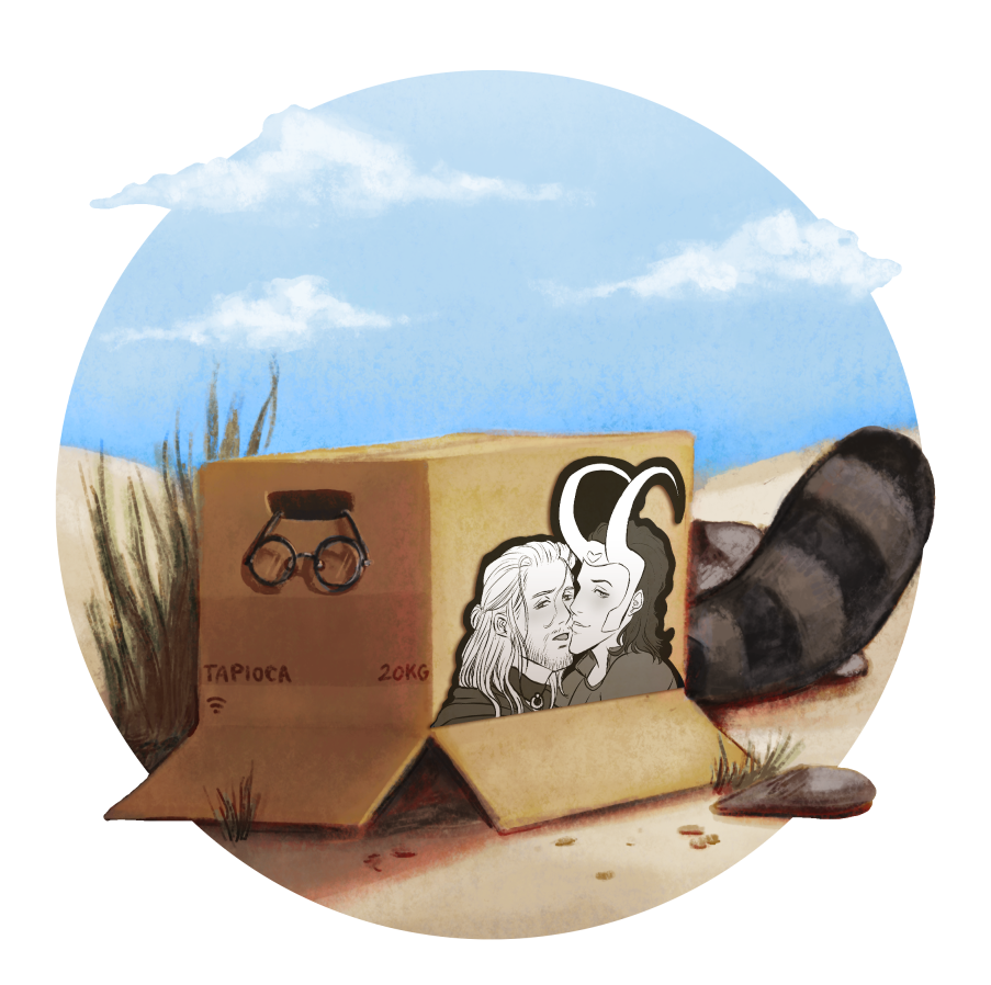 A cardboard box on a beach with a beautiful blue sky with fluffy clouds. Boba-tan's glasses are hanging over the edge of the box's open handle, and her raccoon tail peeks out from beneath the box flap. The box is labeled tapioca, 20 kilograms, with the Wi-Fi symbol. On the side of the box is black and white fanart of Thor and Loki as depicted in the Marvel Cinematic Universe, with their faces close together. Their cheeks are flushed and they seem to have been recently kissing.