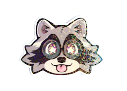 A photo of the raccoon form sticker, showcasing how the glitter looks as the sticker shifts in the light.